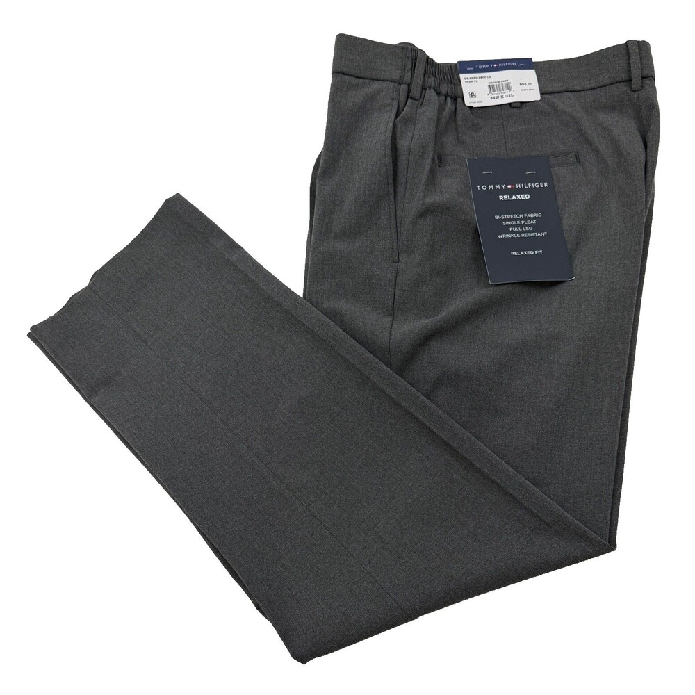 $95 NEW TOMMY HILFIGER MENS 34X32 MEDIUM GRAY RELAXED TROUSER DRESS PANTS SLACKS